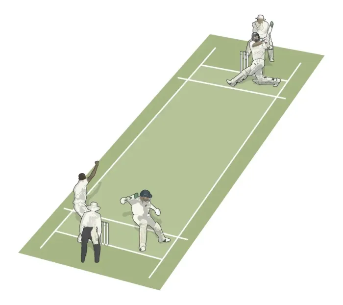 Framed Print : Wicket keeper, batters and umpire on cricket field Framed Print : Wicket keeper, batters and umpire on cricket field