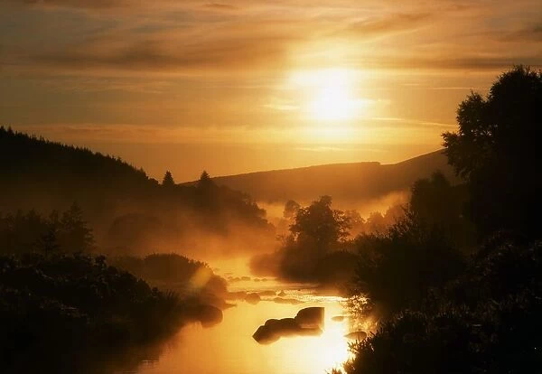 Co Wicklow, morning mist on river, Glendalough, Ireland