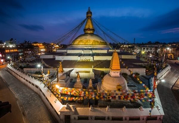 Wide angle view of Buddhanath stupa at blue hour