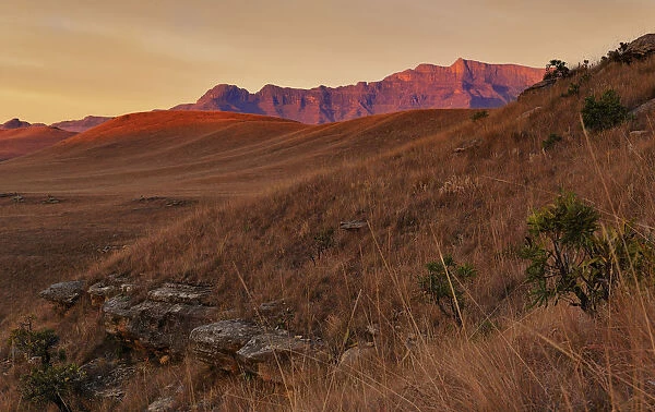 Wide Angle View of a Dramatic Sunrise over the Valley of Giants Castle in the Drakensberg Mountains of South Africa