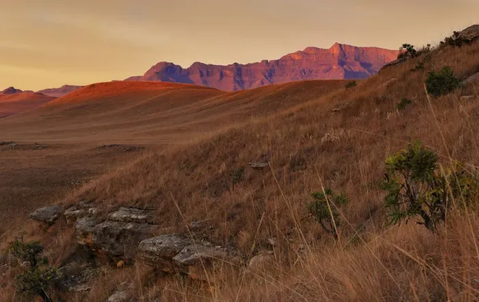 Framed Print : Wide Angle View of a Dramatic Sunrise over the Valley of Giants Castle in the Drakensberg Mountains of South Africa