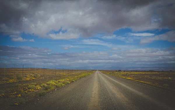 Wide angle view over the gravel road between Ceres and Calvinia through the Tankwa karoo