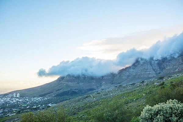 Wide shot of clouds moving over Table Mountain, Cape Town, Western Cape, South Africa