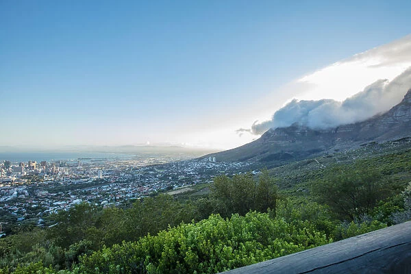 Wide shot of clouds moving over Table Mountain, Cape Town, Western Cape, South Africa