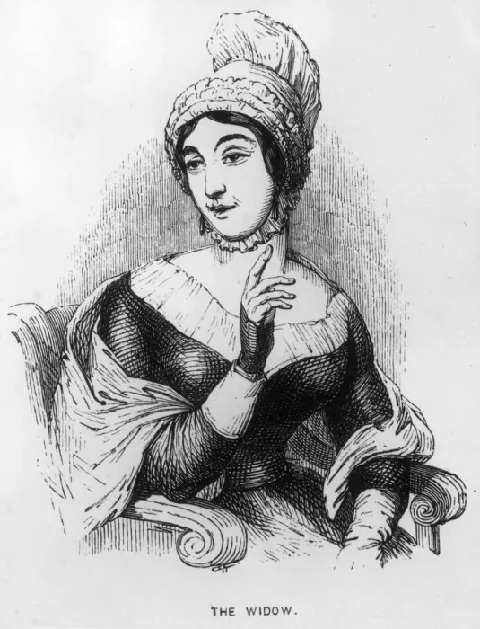 Framed Print : The Widow. circa 1839: The Widow, a character Framed Print : The Widow. circa 1839: The Widow, a character