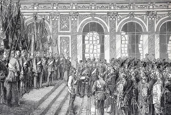 Wilhelm I is proclaimed German Emperor in the Hall of Mirrors in Versailles, France, Historic, digitally restored reproduction of an original 19th-century artwork