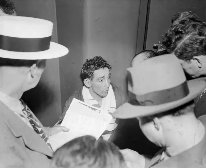 Framed Print : Wille Pep Greets Reporters In Locker Roo Framed Print : Wille Pep Greets Reporters In Locker Roo