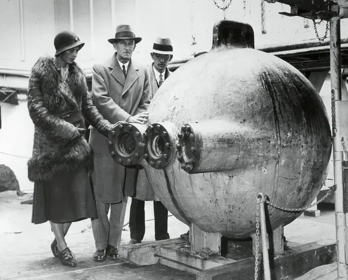 Framed Print : William Beebe with Bathysphere and Its Owners Framed Print : William Beebe with Bathysphere and Its Owners