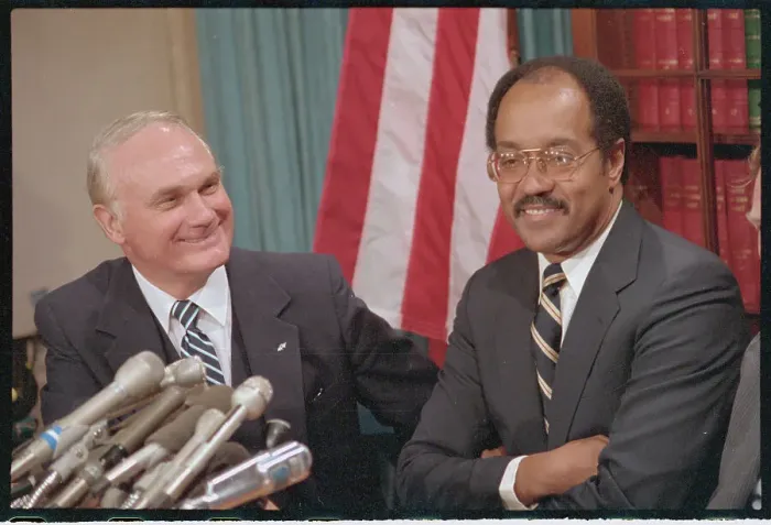 Framed Print : William Gray and Delbert Latta Speaking to Reporters Framed Print : William Gray and Delbert Latta Speaking to Reporters