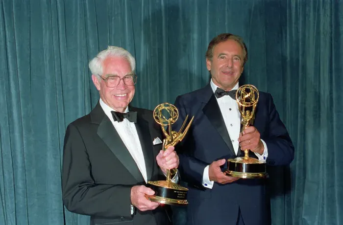 Framed Print : William Hanna and Joseph Barbera Holding Emmy Awards Framed Print : William Hanna and Joseph Barbera Holding Emmy Awards