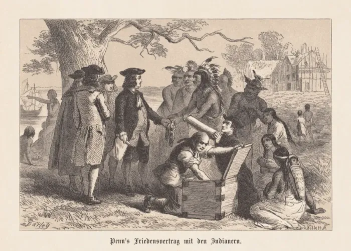 Framed Print : William Penns Treaty with the Indians, 1682, woodcut, published 1876 Framed Print : William Penns Treaty with the Indians, 1682, woodcut, published 1876