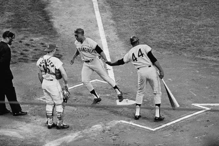 Framed Print : Willie Mays Being Congratulated While Passing Plate Framed Print : Willie Mays Being Congratulated While Passing Plate