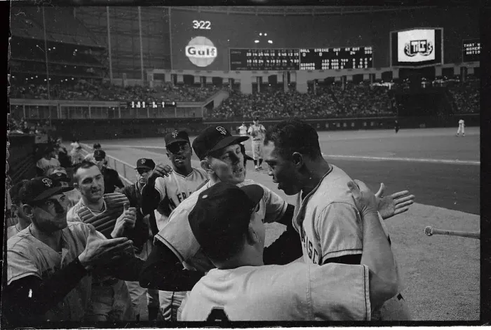 Framed Print : Willie Mays Being Congratulated by Teammates Framed Print : Willie Mays Being Congratulated by Teammates