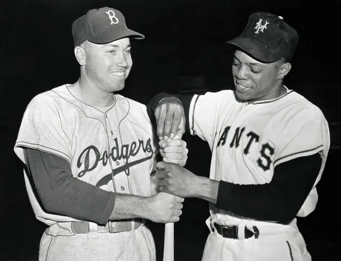 Framed Print : Willie Mays and Duke Snider Holding Baseball Bat Framed Print : Willie Mays and Duke Snider Holding Baseball Bat