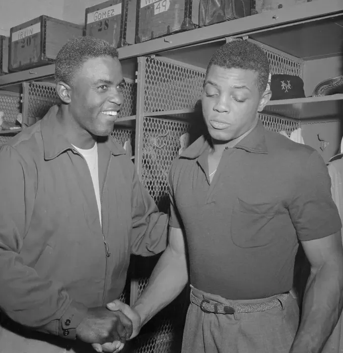 Framed Print : Willie Mays and Jackie Robinson in Locker Room Framed Print : Willie Mays and Jackie Robinson in Locker Room