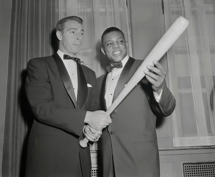 Framed Print : Willie Mays and Joe DiMaggio Discussing Baseball Bat Framed Print : Willie Mays and Joe DiMaggio Discussing Baseball Bat
