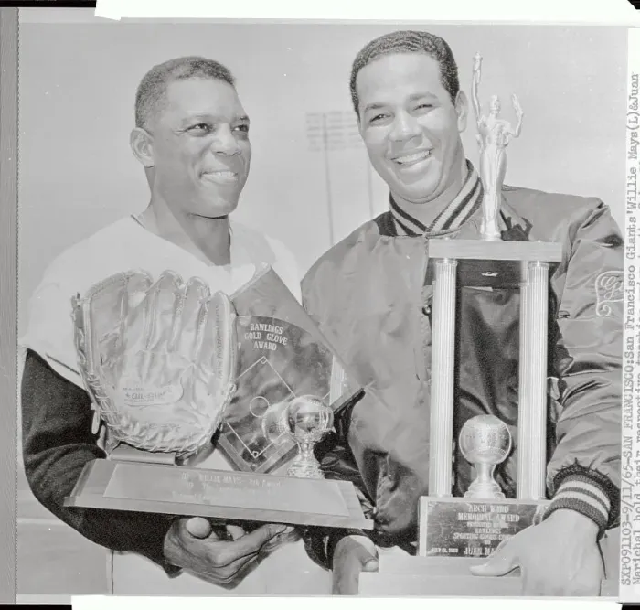 Framed Print : Willie Mays and Juan Marichal Holding Trophies Framed Print : Willie Mays and Juan Marichal Holding Trophies