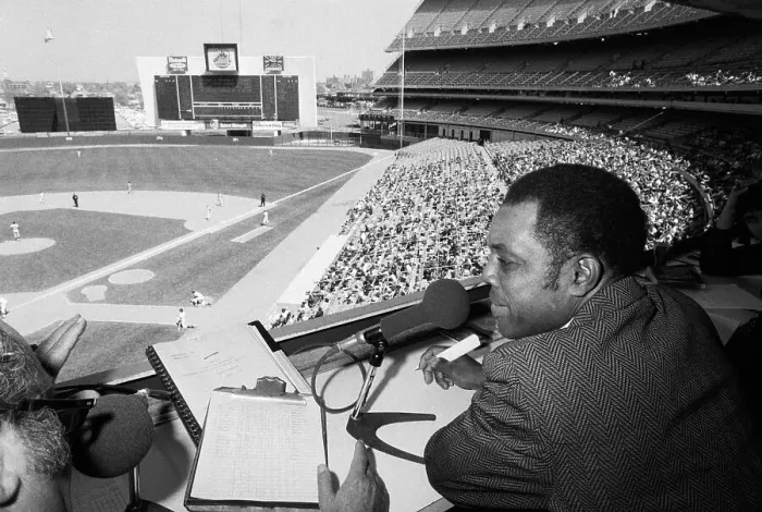 Framed Print : Willie Mays in Press Box at Shea Stadium Framed Print : Willie Mays in Press Box at Shea Stadium