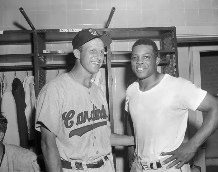 Framed Print : Willie Mays and Stan Musial Standing in Locker Room Framed Print : Willie Mays and Stan Musial Standing in Locker Room