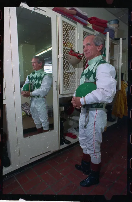 Framed Print : Willie Shoemaker Posing by Mirror in Jockey Clothes Framed Print : Willie Shoemaker Posing by Mirror in Jockey Clothes