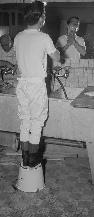 Framed Print : Willie Shoemaker Standing on Bucket Shaving Framed Print : Willie Shoemaker Standing on Bucket Shaving