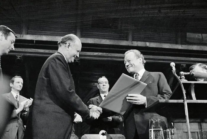 Framed Print : Willy Brandt and C. Douglas Dillon Shaking Hands Framed Print : Willy Brandt and C. Douglas Dillon Shaking Hands