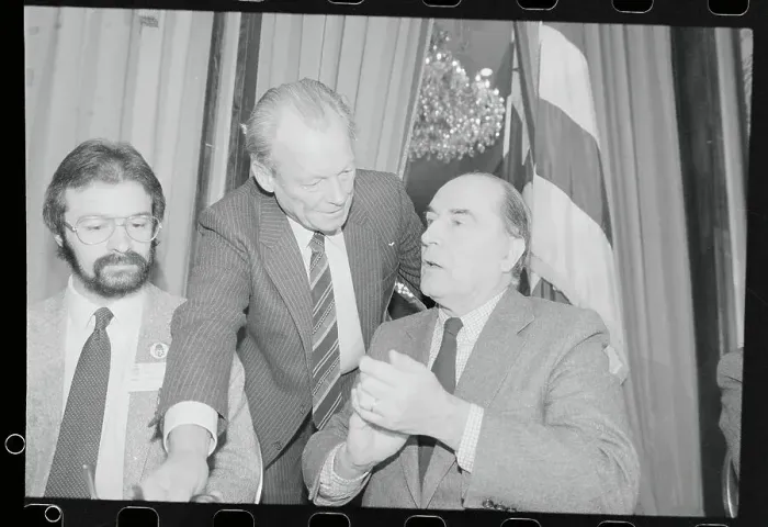 Framed Print : Willy Brandt and Francois Mitterrand Conversing Framed Print : Willy Brandt and Francois Mitterrand Conversing