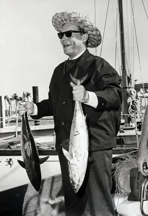 Framed Print : Willy Brandt In Straw Hat Holding Fish Framed Print : Willy Brandt In Straw Hat Holding Fish