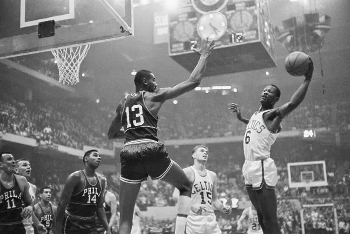 Framed Print : Wilt Chamberlain Blocks Bill Russell Framed Print : Wilt Chamberlain Blocks Bill Russell