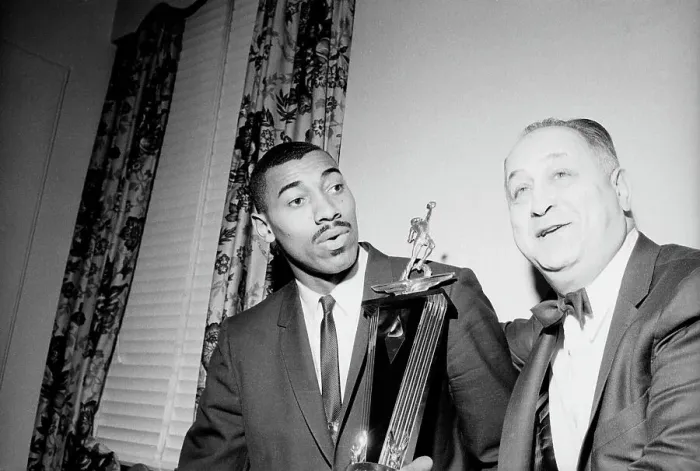 Framed Print : Wilt Chamberlain with Eddie Gottlieb and Trophy Framed Print : Wilt Chamberlain with Eddie Gottlieb and Trophy
