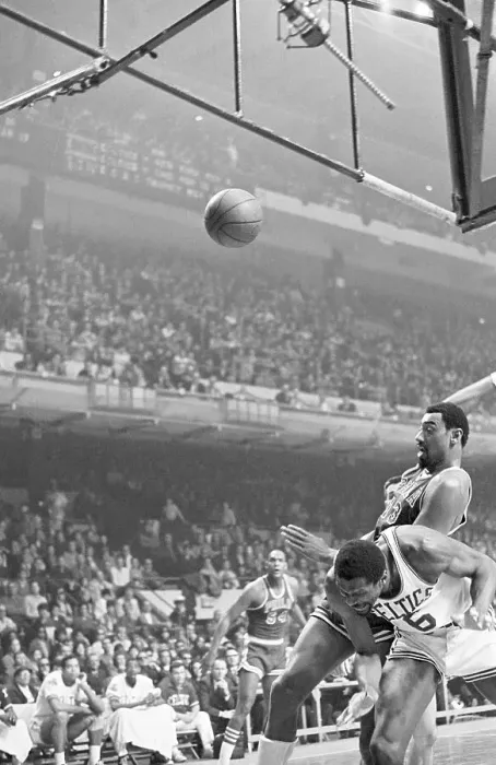 Framed Print : Wilt Chamberlain Landing on Bill Russell's Back Framed Print : Wilt Chamberlain Landing on Bill Russell's Back