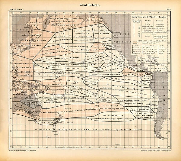 Wind Areas Chart, Pacific Ocean, German Antique Victorian Engraving, 1896