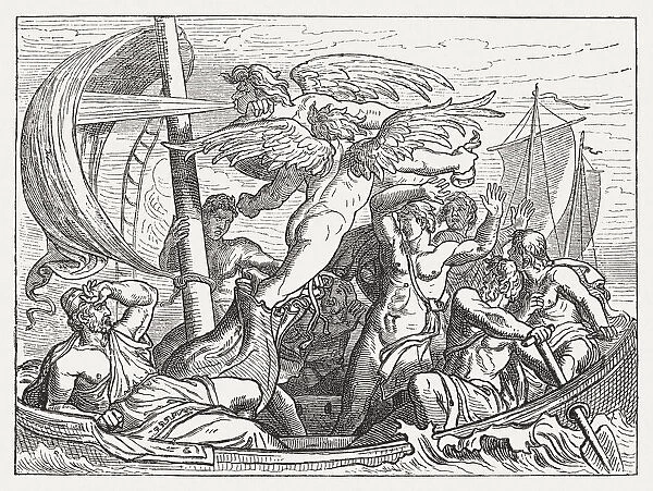 Wind God Aeolus brings Ulysses misfortune, Greek mythology, published 1880