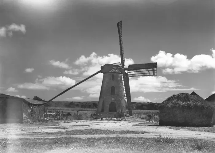 Framed Print : Windmill and haystack in field, (B&W) Framed Print : Windmill and haystack in field, (B&W)