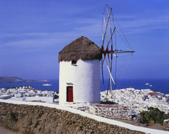 Framed Print : Windmill and View of Mykonos by the Coast, Cyclades, Greece Framed Print : Windmill and View of Mykonos by the Coast, Cyclades, Greece