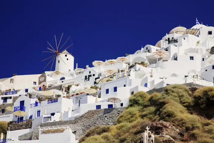 Framed Print : Windmill and white houses in Santorini, Greece Framed Print : Windmill and white houses in Santorini, Greece