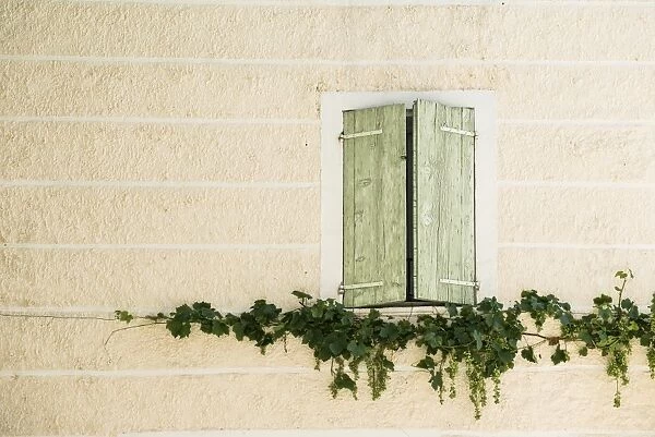 Window almost closed shutters, facade, Buis-les-Baronnies, Drome, Rhone-Alpes, Provence, France