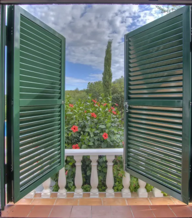 Framed Print : Window and Shutters on to Garden