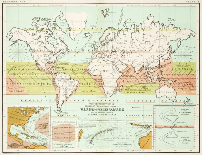 Framed Print : Winds - Map of the world 1861 Framed Print : Winds - Map of the world 1861