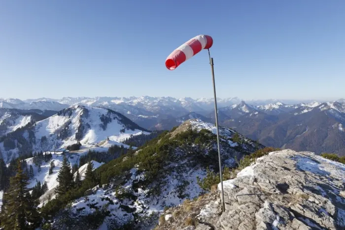 Framed Print : Windsock on the summit of Mt Wallberg, Mt Setzberg, left, Mangfall mountains, Upper Bavaria, Bavaria, Germany, Europe, PublicGround