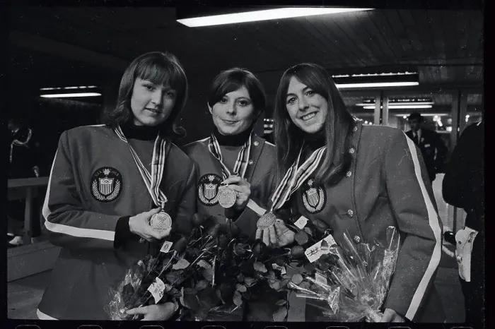 Framed Print : Winners of Ladies 500 Meter Skating Event with Awards
