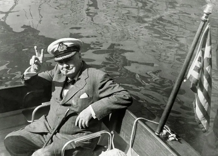 Framed Print : Winston Churchill in a Boat Giving Victory Sign Framed Print : Winston Churchill in a Boat Giving Victory Sign