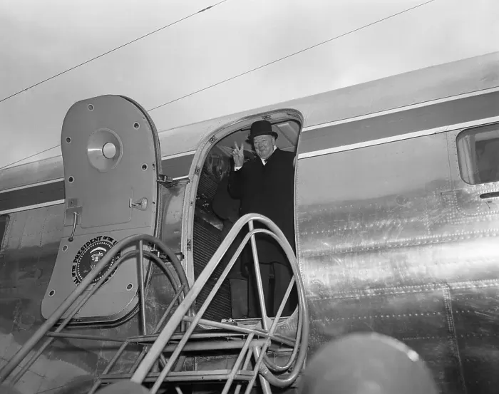 Framed Print : Winston Churchill Gesturing From Plane Framed Print : Winston Churchill Gesturing From Plane