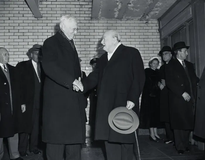 Framed Print : Winston Churchill Being Greeted on Visit Framed Print : Winston Churchill Being Greeted on Visit