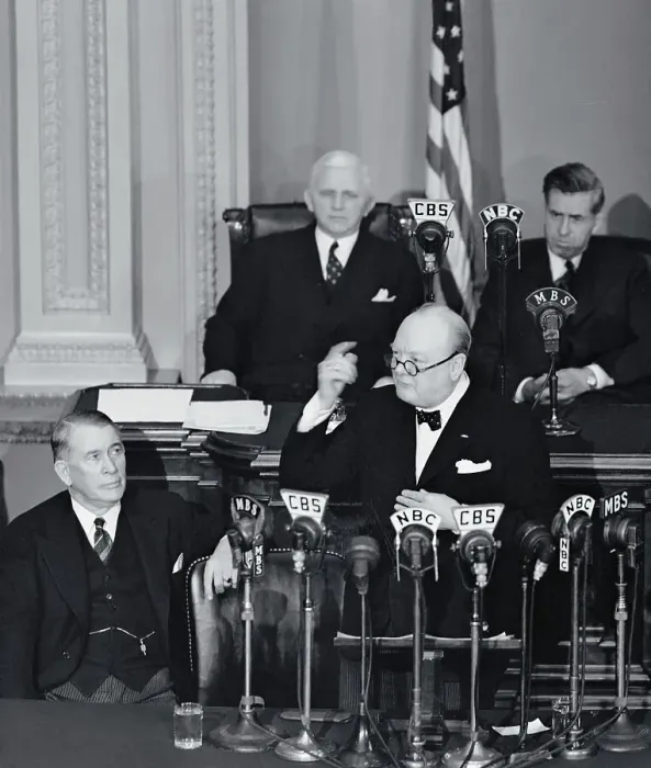 Framed Print : Winston Churchill Speaking at Network Microphones at Congress