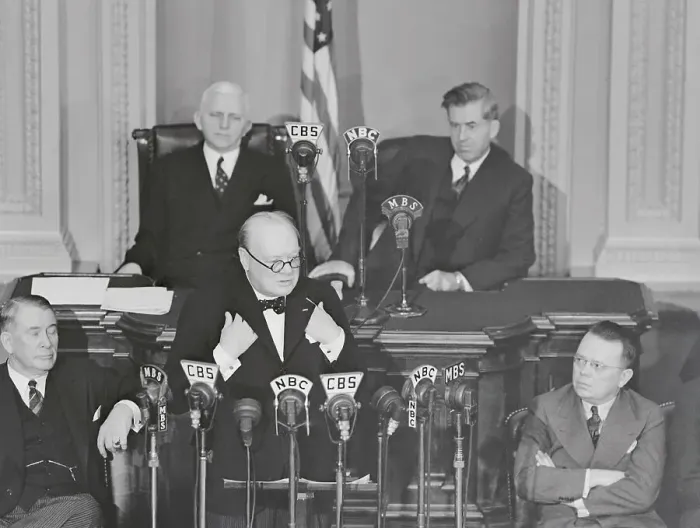 Framed Print : Winston Churchill Speaking at Network Microphones at Congress Framed Print : Winston Churchill Speaking at Network Microphones at Congress