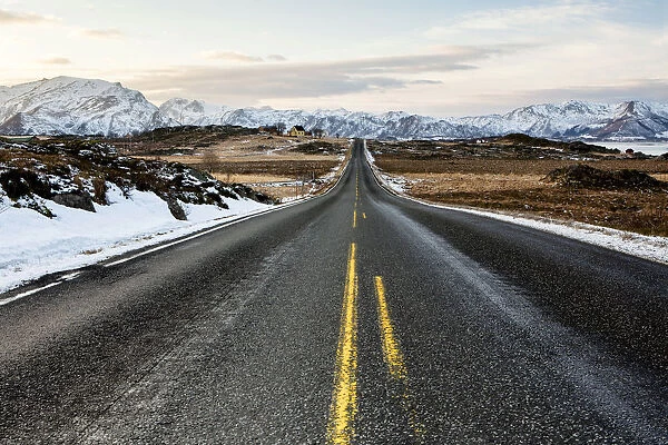 Winter landscape with the European route E10, Lofoten, Norway