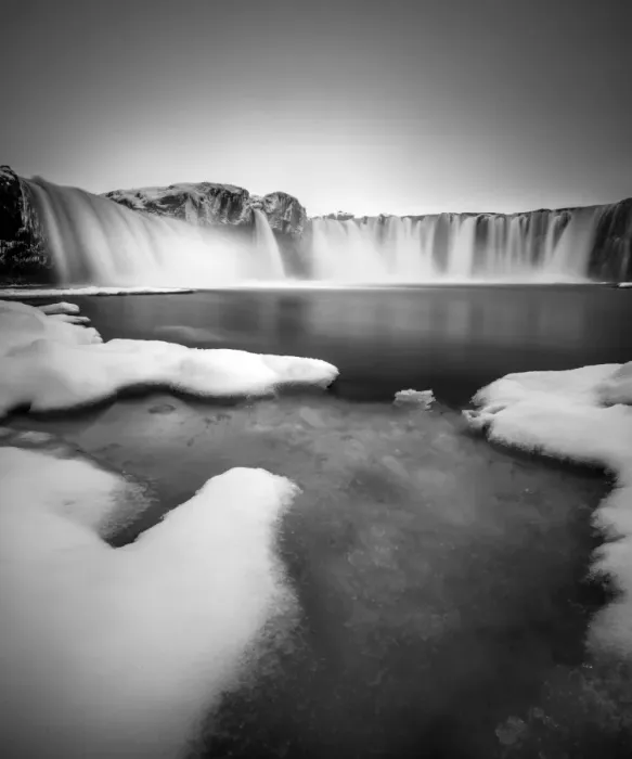 Framed Print : winter landscape of Godafoss in Black and white
