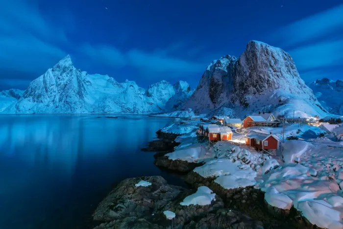 Framed Print : Winter landscape at night in Hamnoy, Lofoten Islands, Norway Framed Print : Winter landscape at night in Hamnoy, Lofoten Islands, Norway