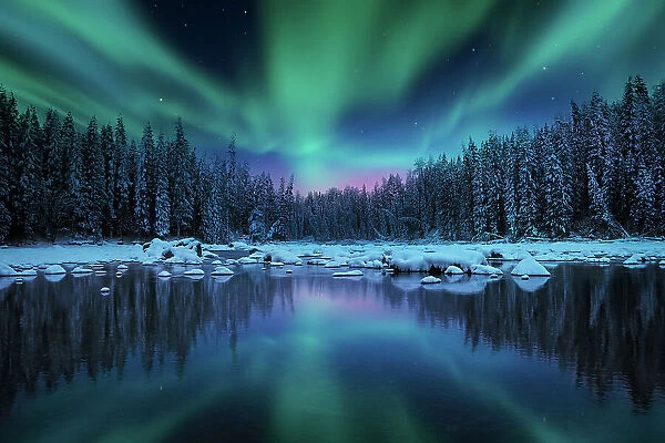 Winter landscape with northern lights